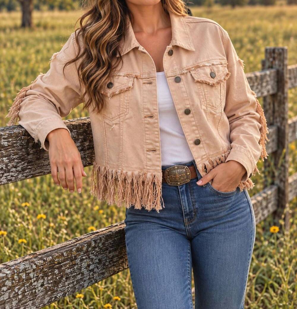 NEW MONTANACO lightweight denim jacket with fringe in beige